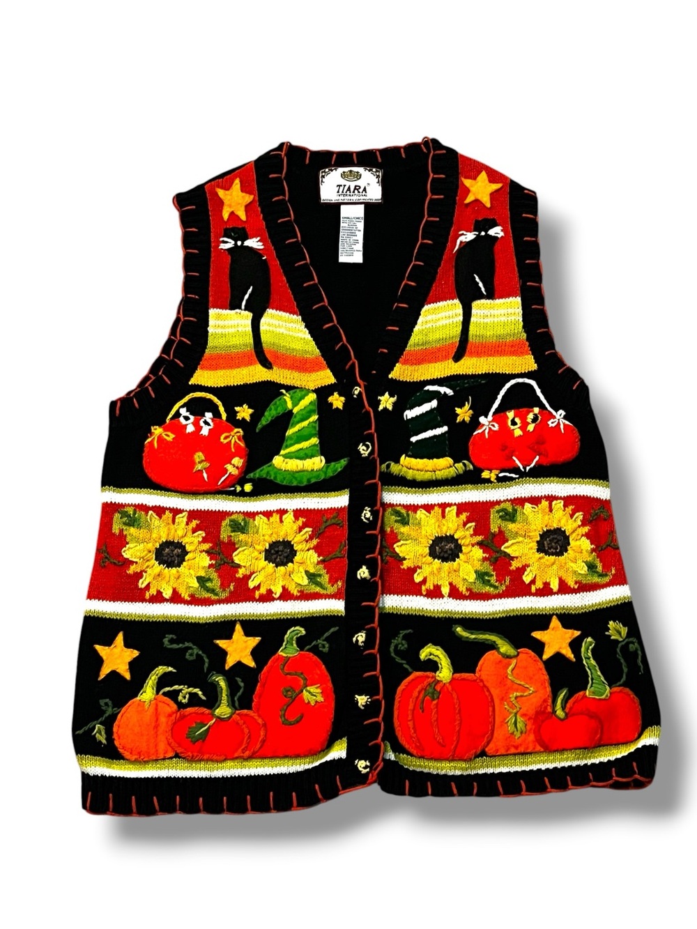 Tiara International Halloween Sweater Vest Small Felt Pumpkins Cats Witch Hats